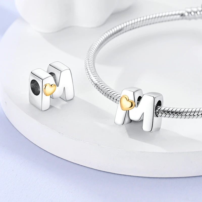 925 Sterling Silver Alphabet Charm Bracelet Gold Heart