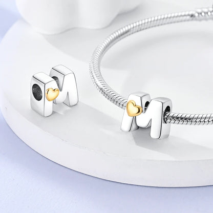 925 Sterling Silver Alphabet Charm Bracelet Gold Heart