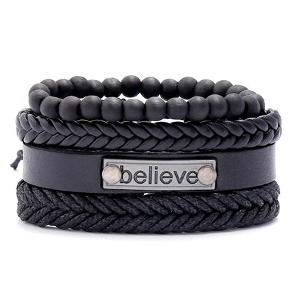ZORCVENS Men's Handmade Braided Leather Bracelet Set - Vintage Black Punk Fashion Gift