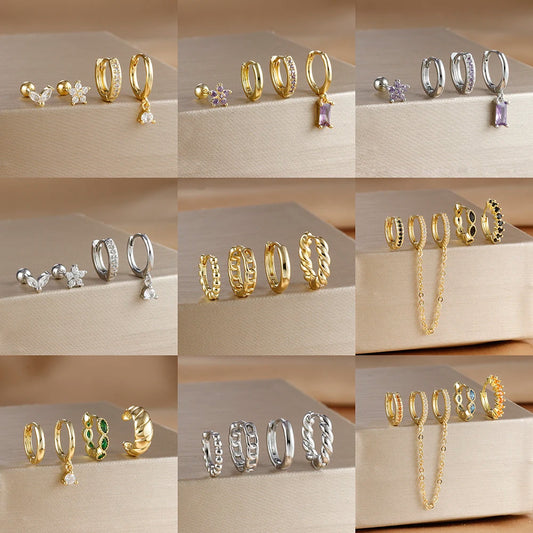 4PCS Gold Plated Stainless Steel Cubic Zirconia Star Leaves Hoop Earrings Set for Women