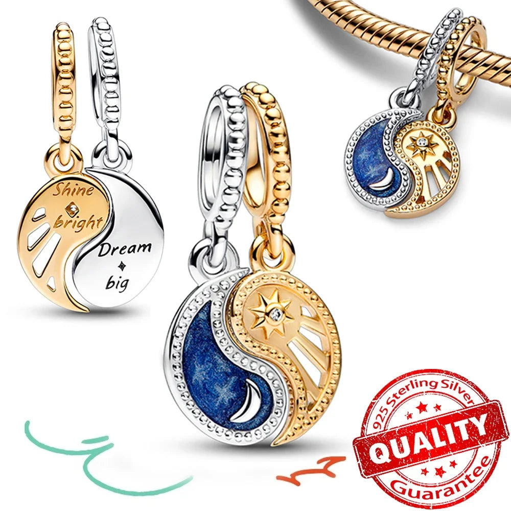 925 Sterling Silver Charms Set Moon Stars Sun Flower Heart Zircon Beads for DIY Jewelry and Gifts