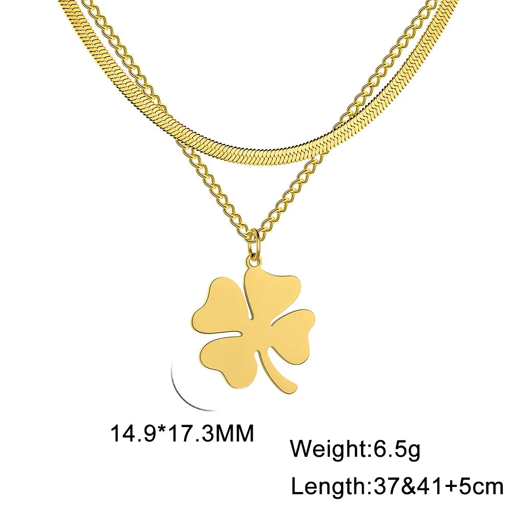 Cazador 2025 Lucky Clover Pendant Necklace Gold Color Double Layer Stainless Steel Jewelry for Women and Girls
