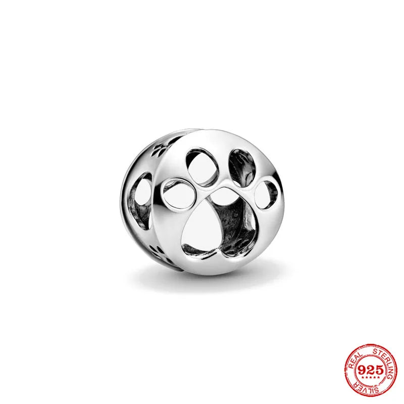 Sterling Silver Paw Print and Bone Charm Bead for Pet Bracelet Jewelry B391