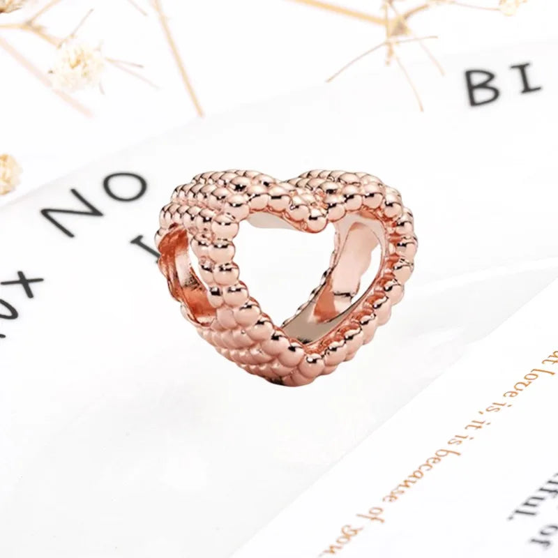 Rose Gold Winged Angel Heart Charm Bead Pink Daisy Spacer