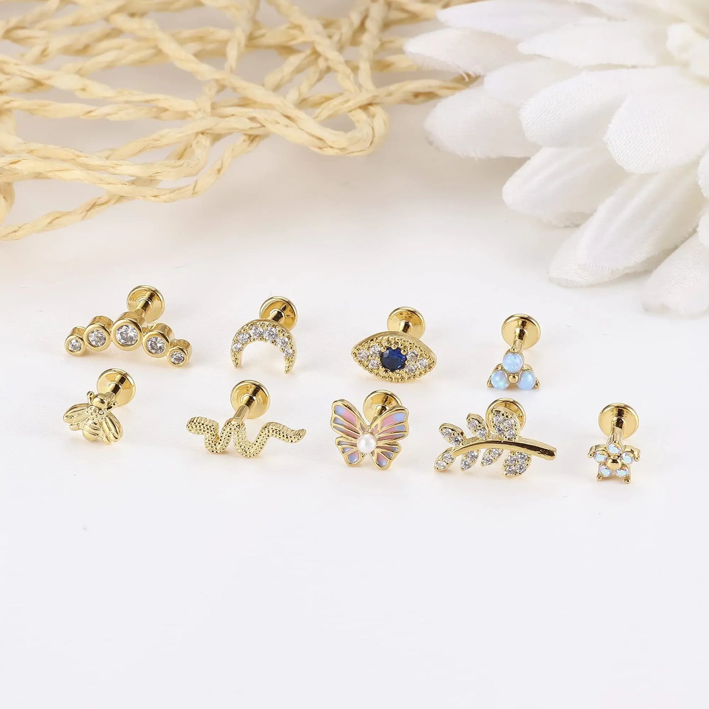 Drperfect 16G Gold Stainless Steel Cartilage Earrings for Women with Flat Back Butterfly Moon Flower Design