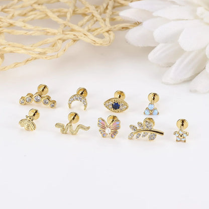 Drperfect 16G Gold Stainless Steel Cartilage Earrings for Women with Flat Back Butterfly Moon Flower Design