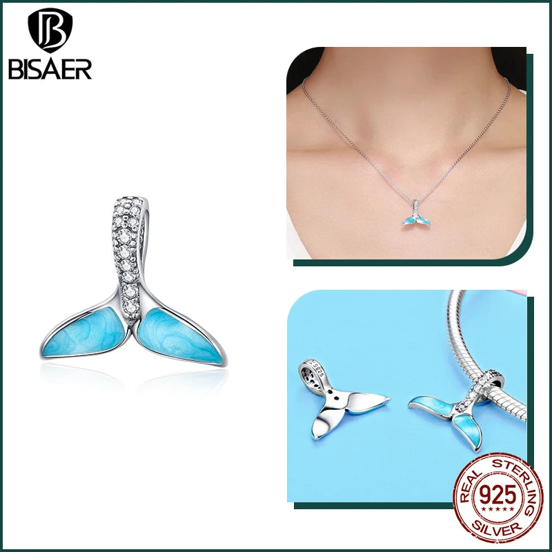BISAER Ocean Charm 925 Sterling Silver Dolphin and Mermaid Bead with Blue CZ for DIY Jewelry ECC1067 CHINA