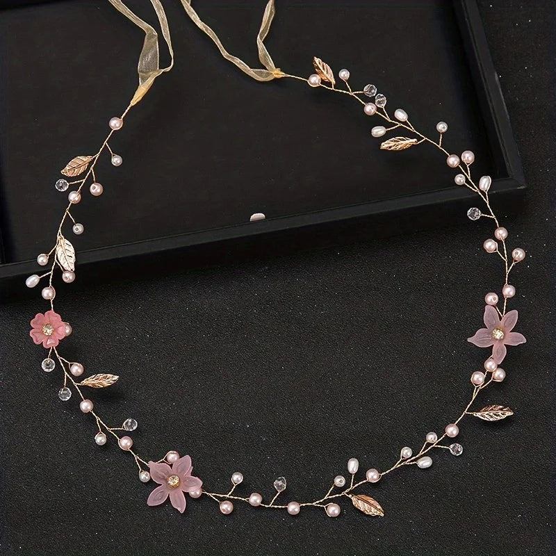 Bridal Pearl Headband - Handmade Gold Flower Hair Jewelry for Weddings Gold