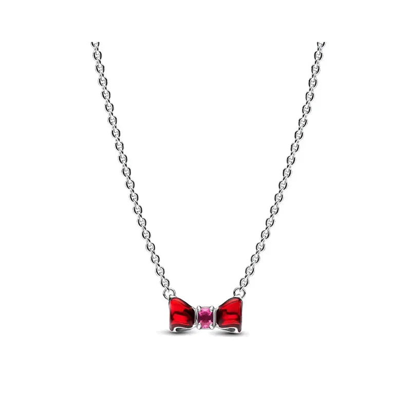 925 Sterling Silver Necklace with Colorful Bow Tie and Red Heart Zircon Pendant Classic Fashion Charm for Women