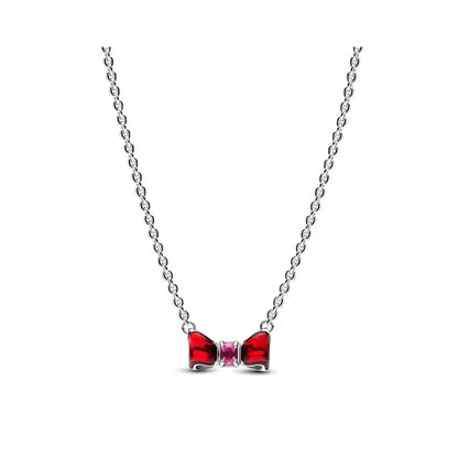 925 Sterling Silver Necklace with Colorful Bow Tie and Red Heart Zircon Pendant Classic Fashion Charm for Women