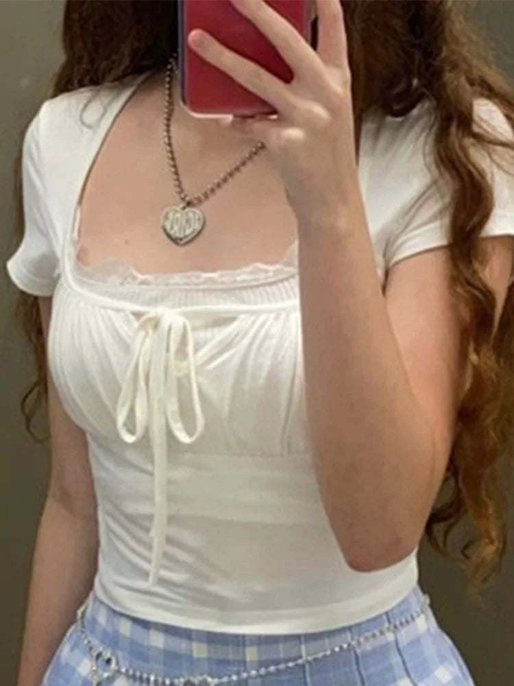 Dozw White Knit Top Tie Front Shirred Summer Tee Women