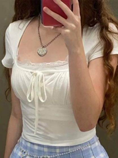 Dozw White Knit Top Tie Front Shirred Summer Tee Women