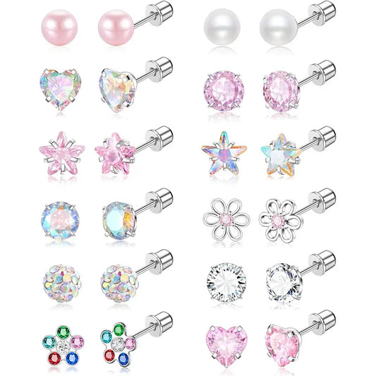Trendy Pink Flower Heart Screw Stud Earrings Set for Women Fashion Jewelry