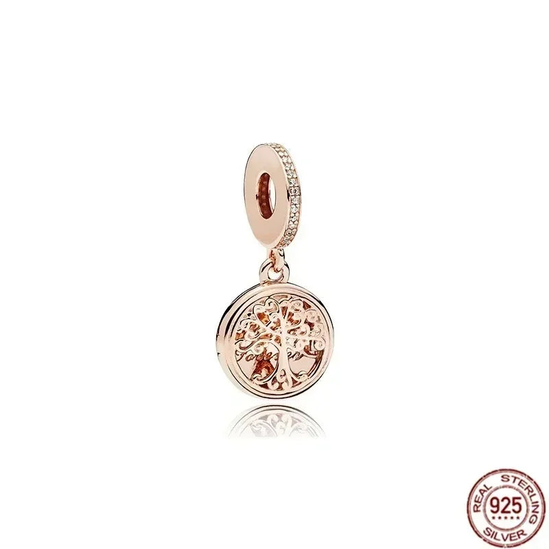 925 Silver Rose Gold Family Tree Heart Beads Charm for Women DIY Necklace Bracelet Jewelry Gift