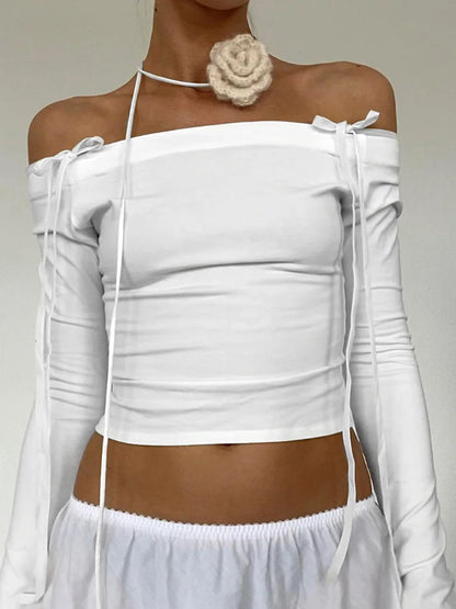 Sexy Bow Off Shoulder Skinny Top for Women Y2K Streetwear