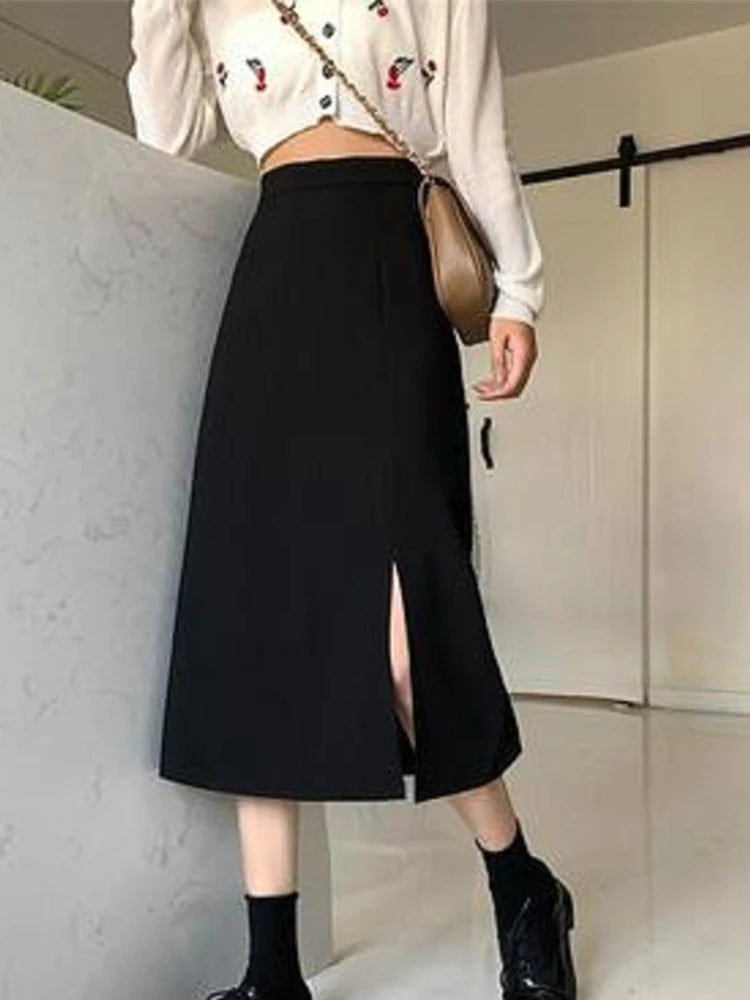 Black Mid Calf A Line High Waist Korean Skirt Women