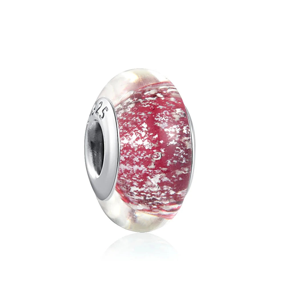 European 925 Sterling Silver Murano Glass Charm Bead in Pink Red Green and Blue for Women’s Bracelet and Necklace Jewelry