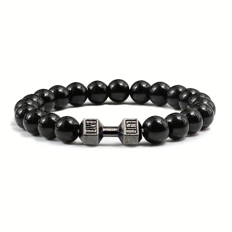 Vintage Men's Natural Stone Bead Bracelet With Dumbbell Pendant Bright Black black