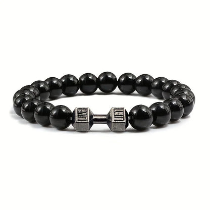 Vintage Men's Natural Stone Bead Bracelet With Dumbbell Pendant Bright Black black