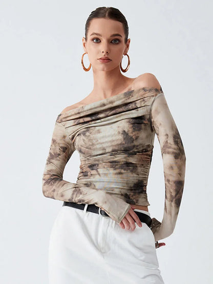 2024 Spring Mesh Backless Slash Collar Long Sleeve Top