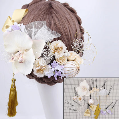 Japanese Handmade Fabric Flower Kimono Hairpin with Tassel for Weddings and Festivals