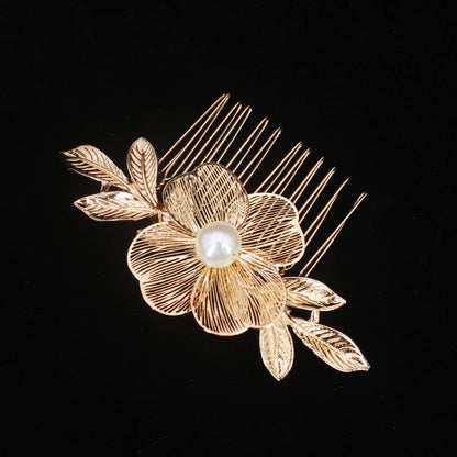 Bridal Bliss Flower Pearl Hair Comb Pins - 2PCS Wedding Accessories Flower B Gold