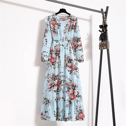 Spring Summer Women Maxi Dresses Casual Full Sleeve Floral 3