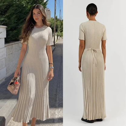 Knitted Women Long Dress Short Sleeve Pleated Lady Dresses apricot