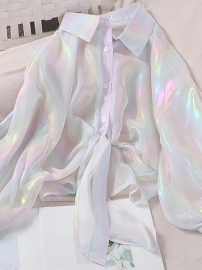 Sparkling Buttoned Waist Blouse For Women Half Sleeve