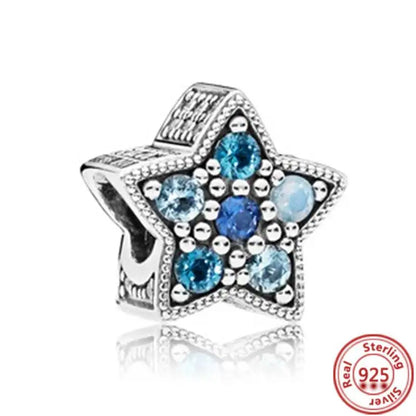 Sterling Silver Blue Zircon Feather Crown Moon Pendant Charm Bracelet Beads Y269 3mm-4mm