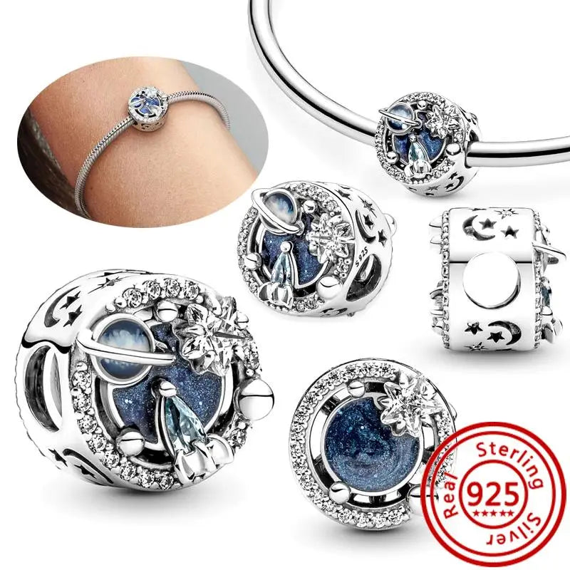 925 Silver Galaxy Charms Bracelet with Starry Sky Beads and Planetary Motifs