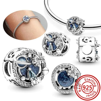 925 Silver Galaxy Charms Bracelet with Starry Sky Beads and Planetary Motifs