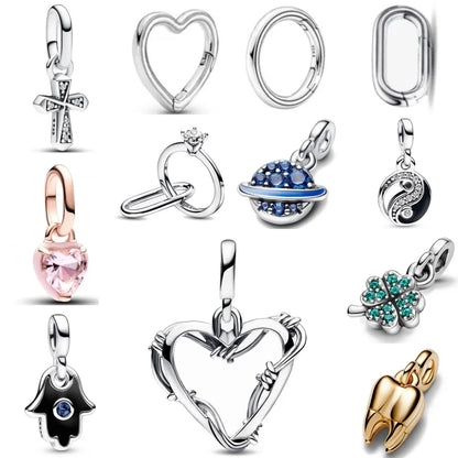 European 925 Sterling Silver Clover Green Heart Cross Pendant Charm Bead for Women Bracelet Necklace Jewelry