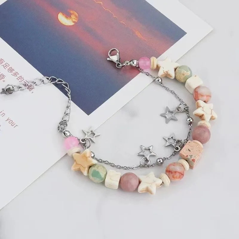 Handmade Star Double Layer Cream Beaded Bracelet for Women