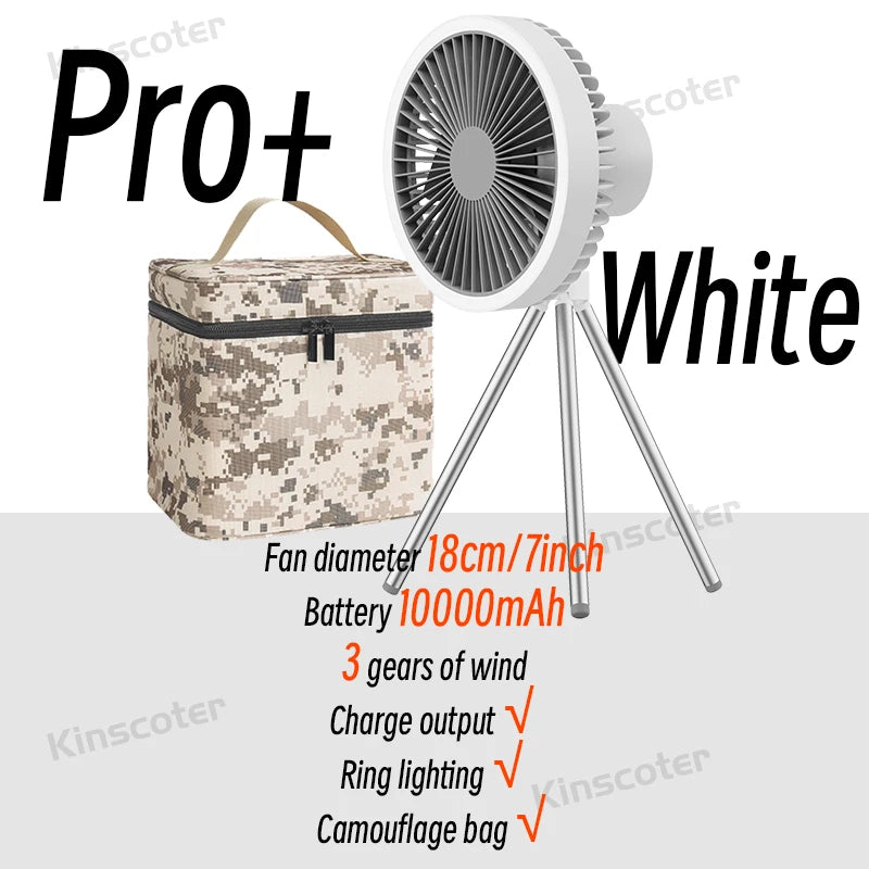 Rechargeable Portable Camping Fan with 10000mAh Power Bank and LED Light Pro White with BAG 1