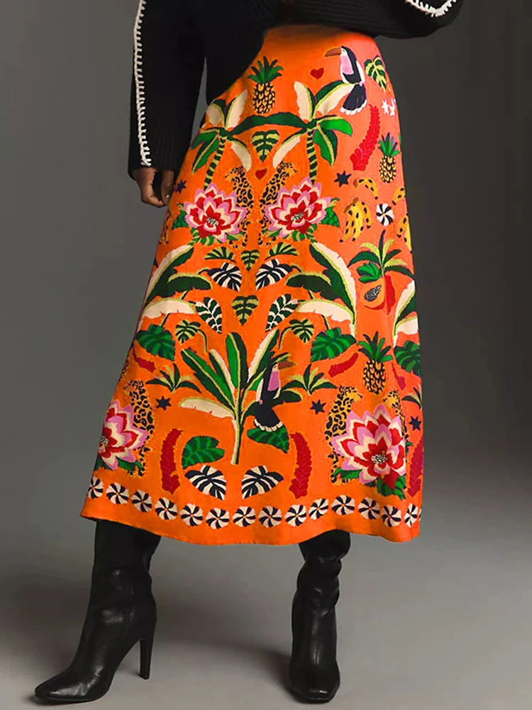 Casual Tropical Plant Print Retro Mid Calf Skirt For Women