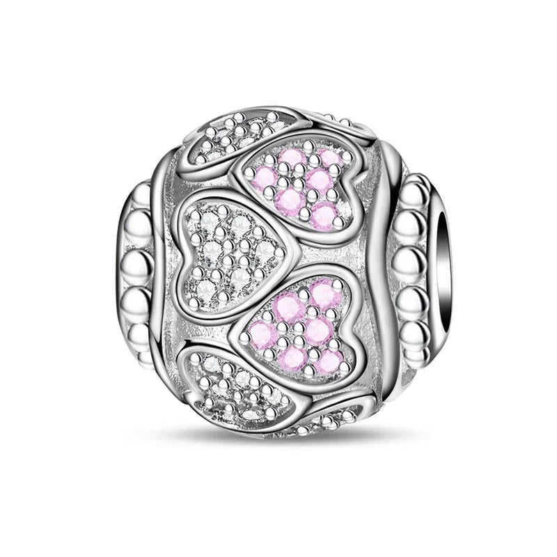 Sterling Silver Pink Blossom Dangle Charm with Butterfly Heart Flower Rose and Bird Bead for DIY Necklace and Bracelet Jewelry