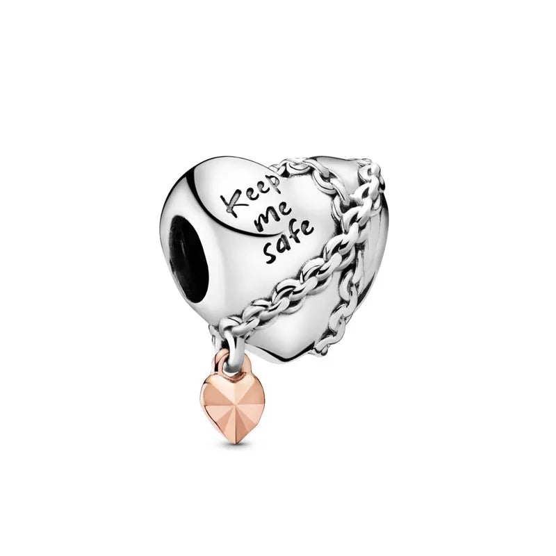 Rose Gold Padlock Heart Key Pendant Necklace for Women 925 Silver with Zircon Beads P439