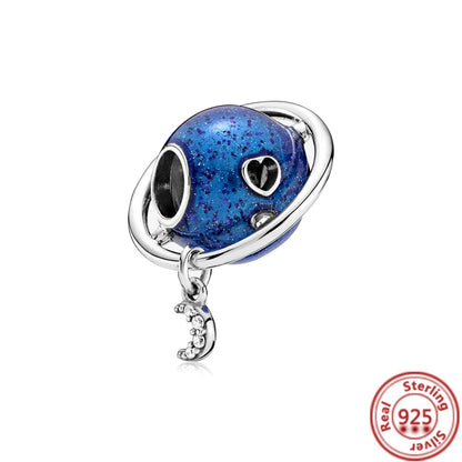 Sterling Silver Blue Zircon Feather Crown Moon Pendant Charm Bracelet Beads Y141 3mm-4mm