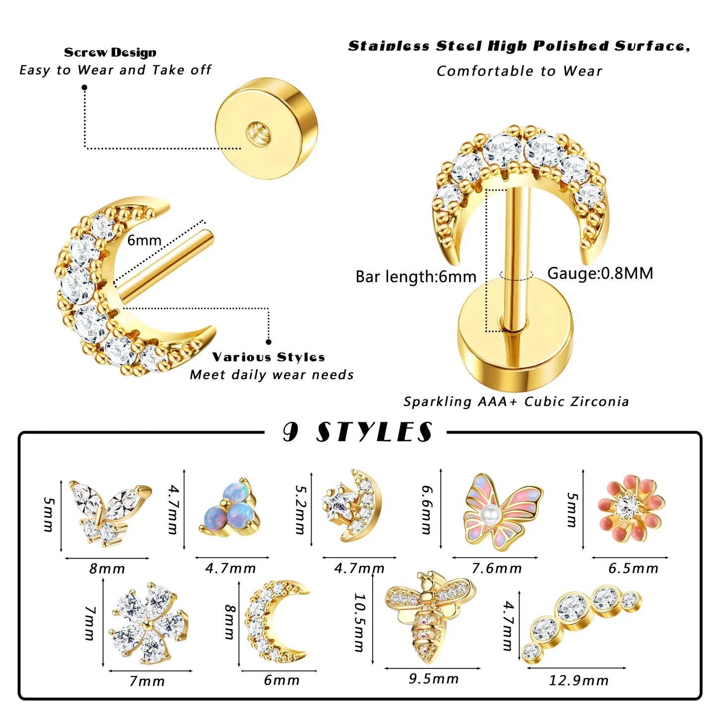 Drperfect Surgical Steel Butterfly Flower Cartilage Stud Earrings for Women with Screw-Back Design