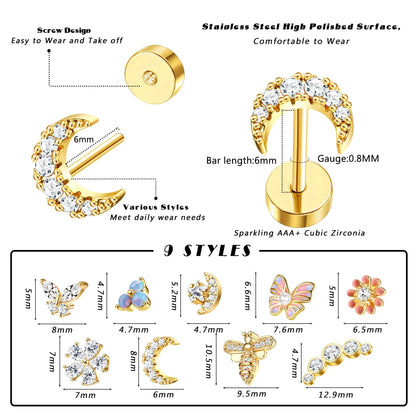 Drperfect Surgical Steel Butterfly Flower Cartilage Stud Earrings for Women with Screw-Back Design