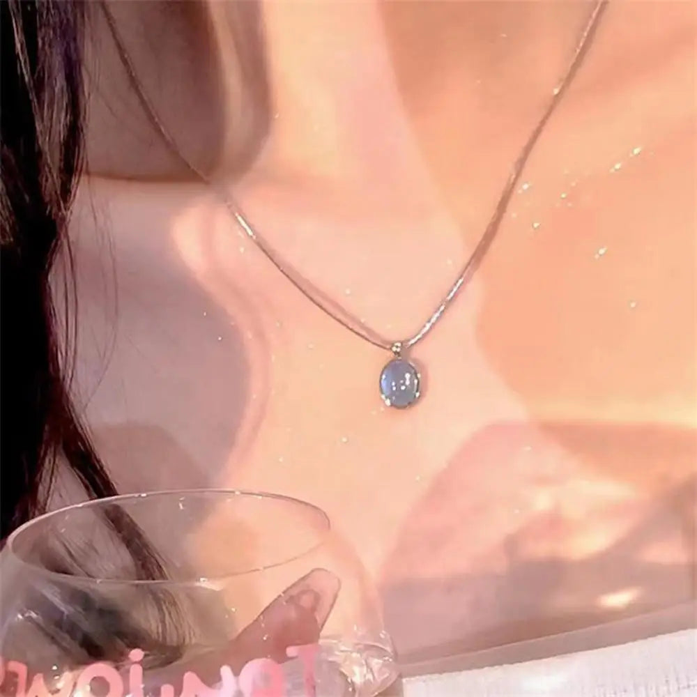 Elegant Silver Oval Aquamarine Pendant Necklace with Luxury Snake Chain for Women