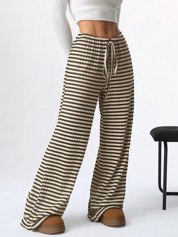 Y2K Striped Printed Long Pants Women Lace Up Straight Leg