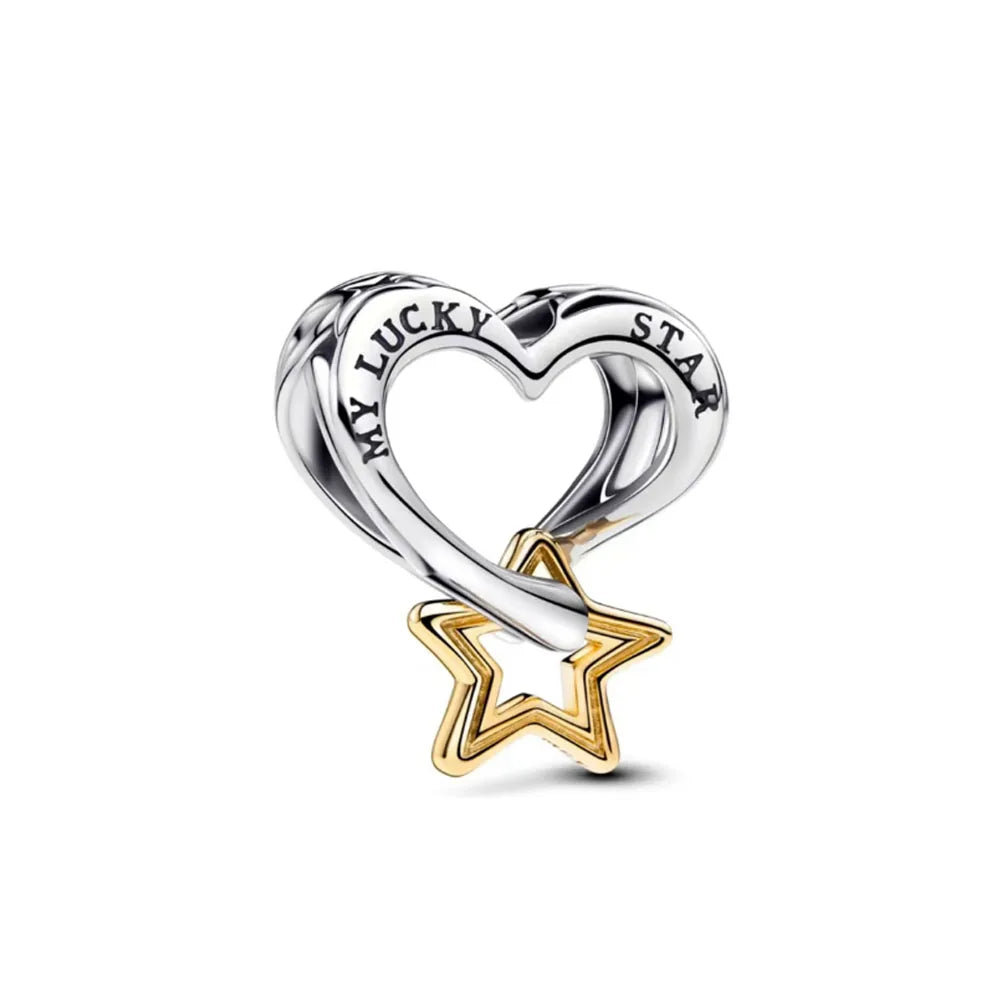 Exquisite 925 Silver Heart-Shaped Pendant with Bow and Moon Beads for DIY European Bracelets