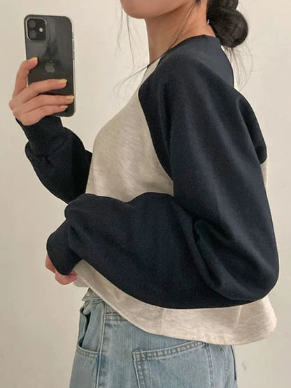 Korean Style Women Cotton Patchwork Long Sleeve Top
