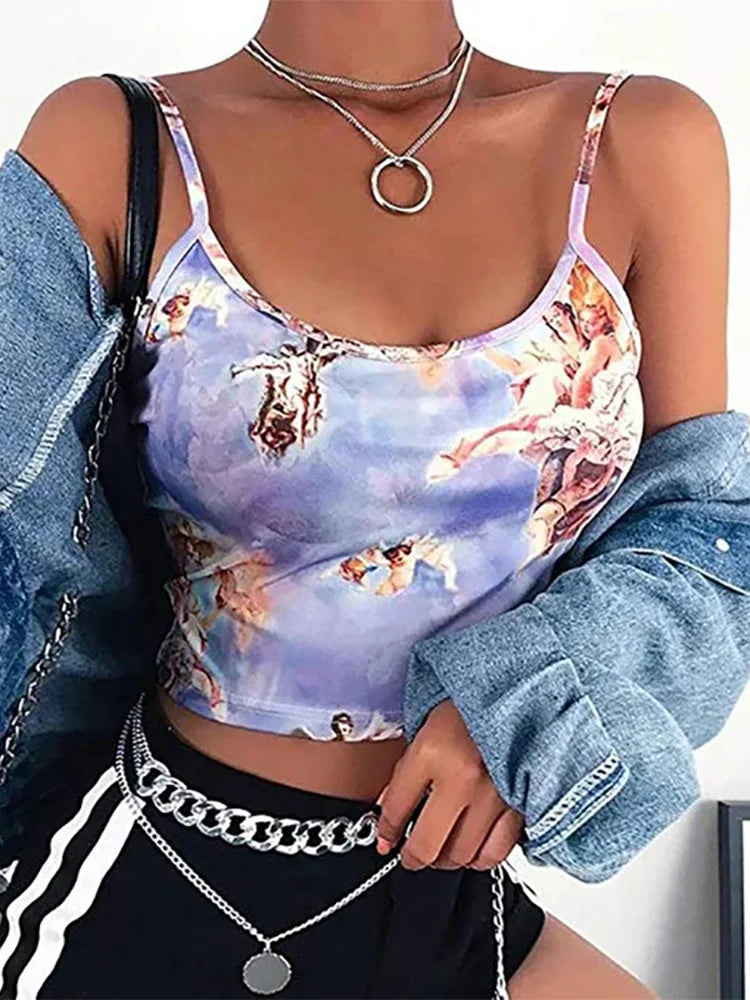 Angel Print Cropped Camisole Top for Women Sexy Streetwear