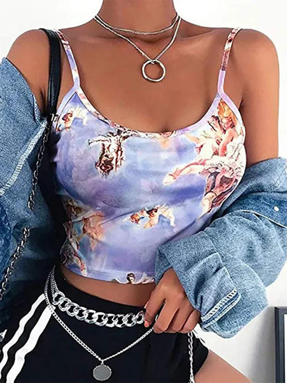 Angel Print Cropped Camisole Top for Women Sexy Streetwear