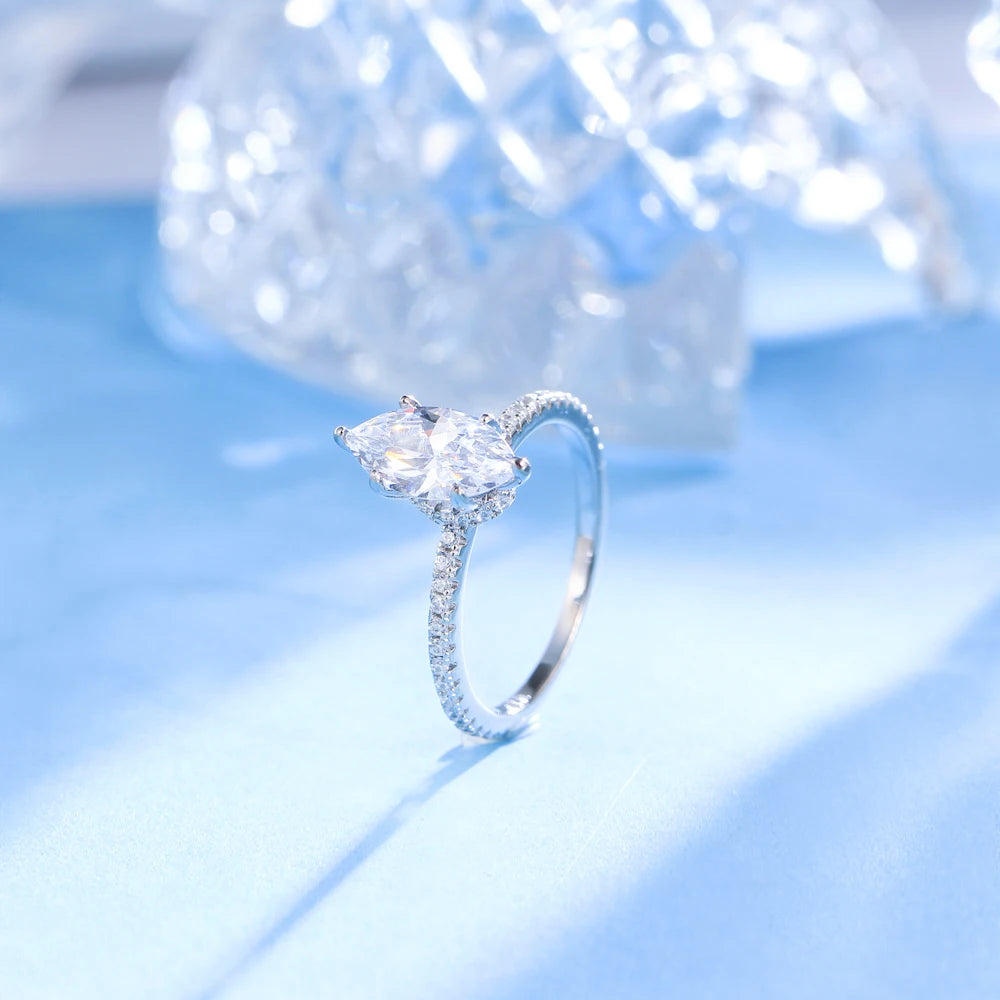 QooLady Dazzling 925 Sterling Silver Marquise Cut Cubic Zircon Wedding Engagement Ring for Women Fine Jewelry