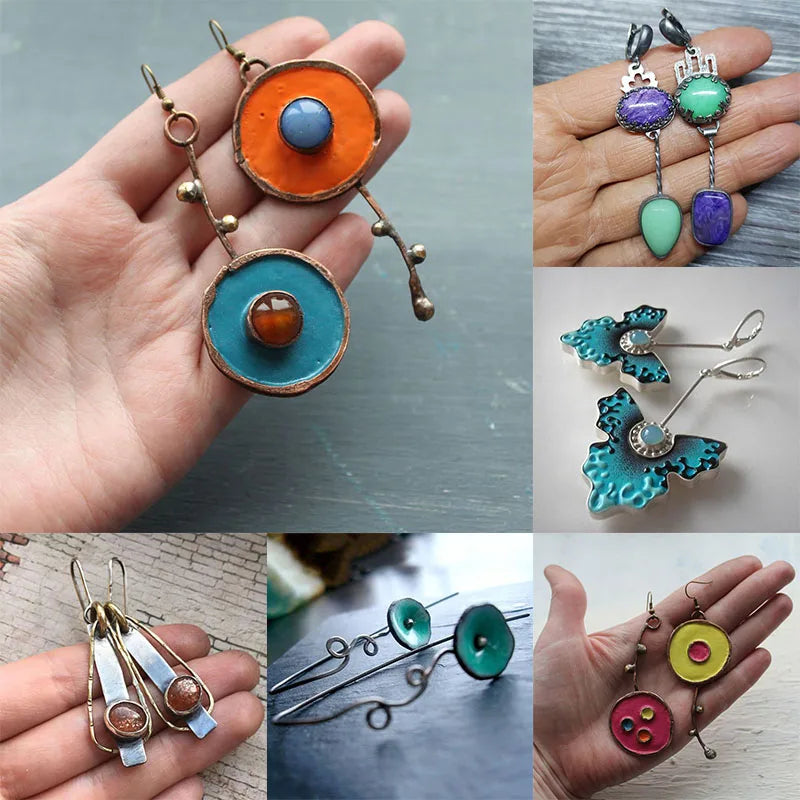 Asymmetric Bronze Red Blue Stone Drop Earrings for Women - Ethnic Statement Jewelry Gift