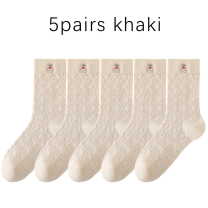 Kawaii Japanese Embroidered Cotton Mid Calf Socks 5 Pairs